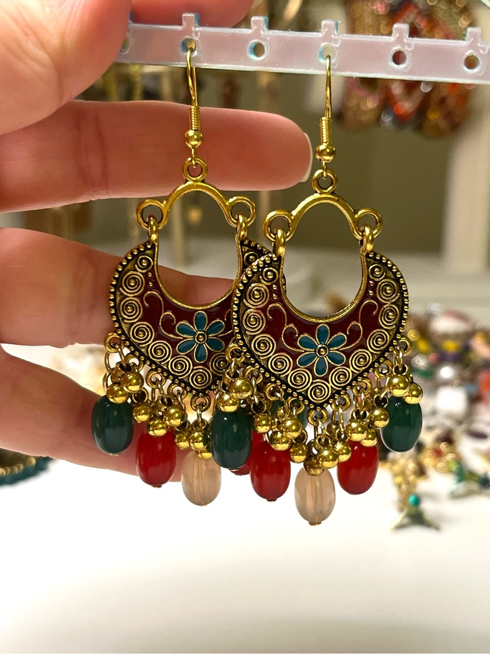 Gold Tone Enamel Beaded Boho Earrings - Picture 2 of 3